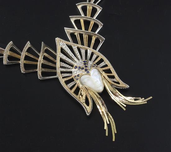 An Erte Mystere mother of pearl, diamond and sapphire set gold and silver necklace, with pendant brooch, limited to 500 pieces,